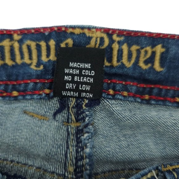 Antique Rivet Jeans BootCut Western Low Rise Sz 29 Rhinestone Stretch Distressed - Picture 12 of 14